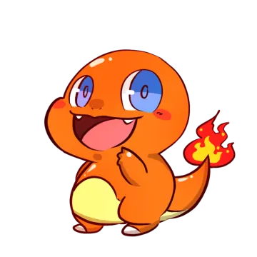 an orange pokemon with blue eyes and a yellow tail