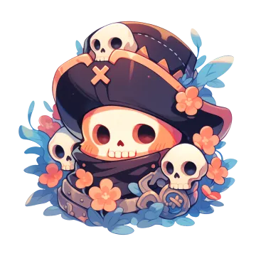 a pirate with skulls and flowers in the background