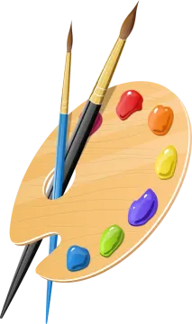 a wooden palette with paint and brushes on it
