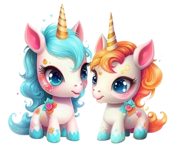 two cute unicorns with colorful hair and blue eyes