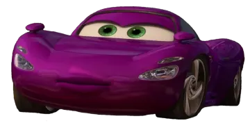 a purple car with green eyes
