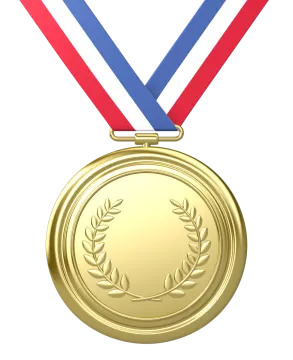 a gold medal with red, white and blue ribbons