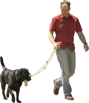 a man walking a dog on a leash