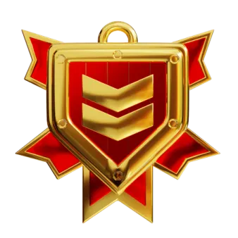 a gold medal with a red ribbon around it
