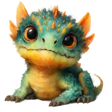 a cute green and orange baby dragon with big eyes