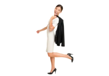 a woman in a white dress and black jacket