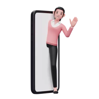 a woman in a pink shirt and black pants standing next to an iphone