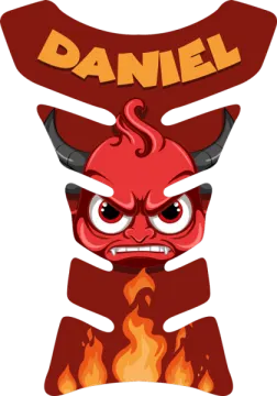 a red demon with flames on his chest