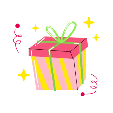 a pink and yellow gift box with a green bow