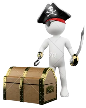 a 3d pirate with a sword and chest
