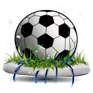 a soccer ball in the grass with blue ribbon