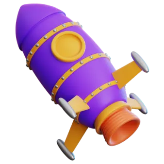a purple rocket with yellow and orange wheels