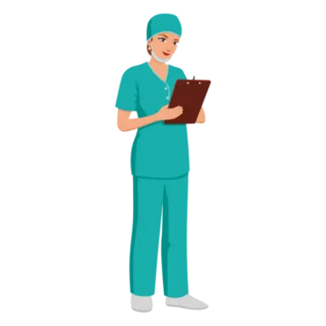 a woman in scrubs holding a clipboard