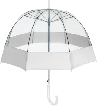 an open clear umbrella with a white handle