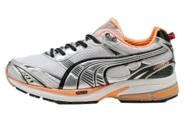 a white and orange running shoe