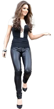 a woman in black leather pants and heels