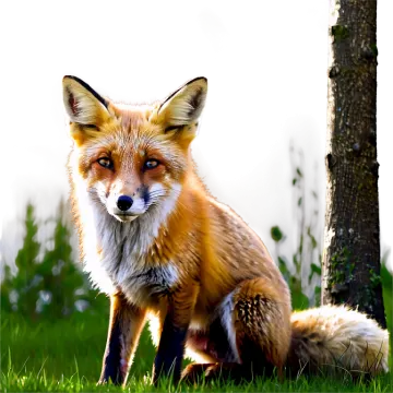 a fox sitting in the grass next to a tree
