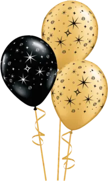 a bunch of black and gold balloons
