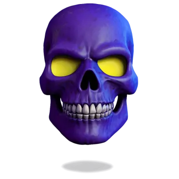 a purple skull with yellow eyes