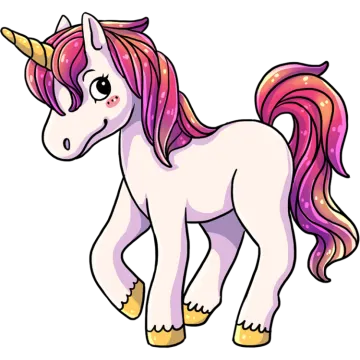 a cartoon unicorn with pink hair and yellow boots
