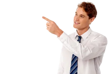 a man in a white shirt pointing at something