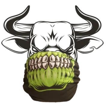 a black and green face mask with a bull's head on it