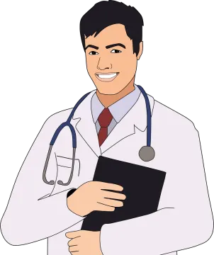 a man in a white coat holding a clipboard