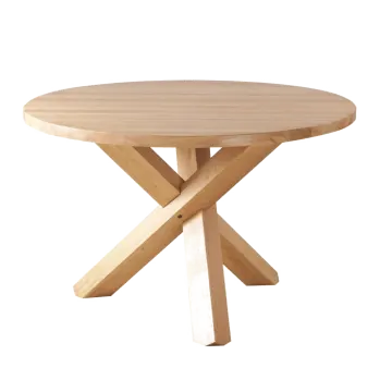 a round wooden table with two crossed legs
