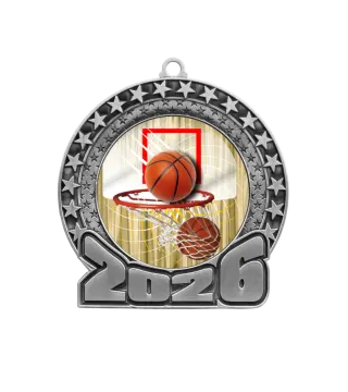 a silver medal with a basketball ball on it