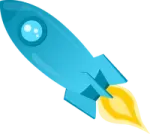 a blue and yellow rocket with a white background