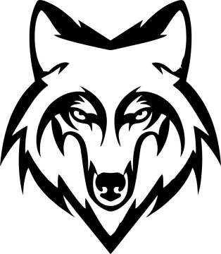 a black and white wolf head on a white background