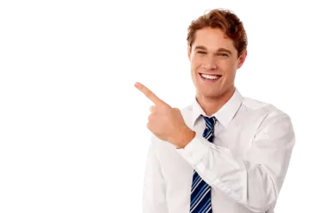 a man in a white shirt and tie points at something