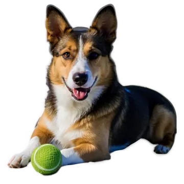 a dog laying down next to a tennis ball