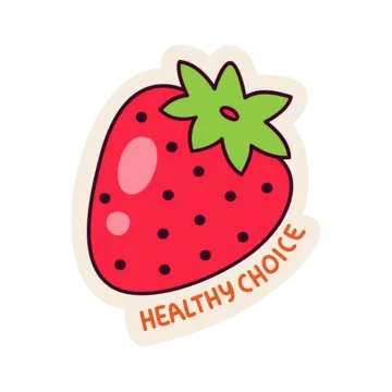 a cartoon strawberry with the word healthy on it