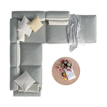 an overhead view of a modern living room with grey sofa and coffee table