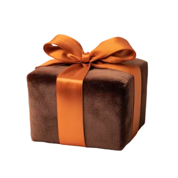 a brown gift box with an orange ribbon