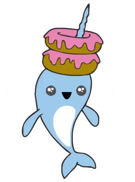 a cartoon whale with a cake on its head