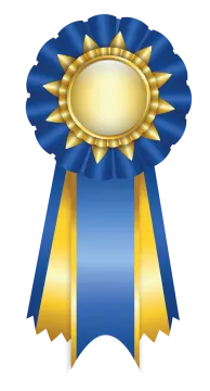 a blue and gold award ribbon