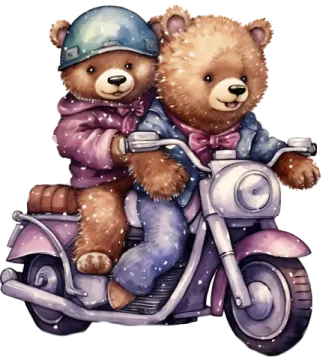 two teddy bears riding a motorcycle in the snow