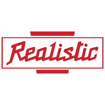 a red and white logo with the word realistic