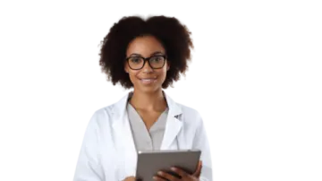 a woman in a white lab coat holding a tablet