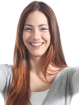 a woman with long brown hair smiling at the camera