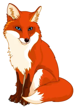 a red fox with blue eyes sitting down