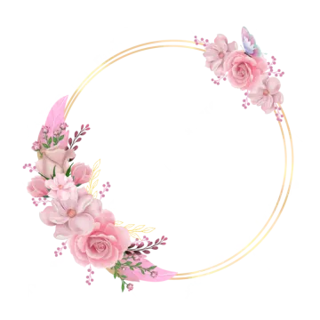 a round frame with pink flowers and leaves