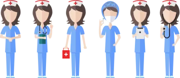 a woman wearing scrubs and holding a red cross