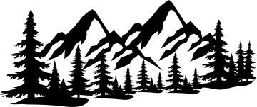 a black and white silhouette of mountains with trees