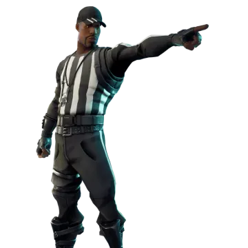 a man in a black and white uniform pointing at something