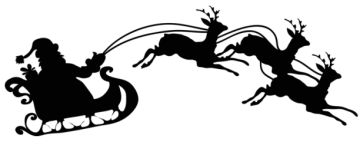 a black and white silhouette of santa claus riding a sled reindeer