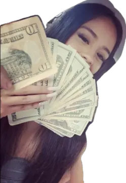 a woman holding a bunch of money in her hand
