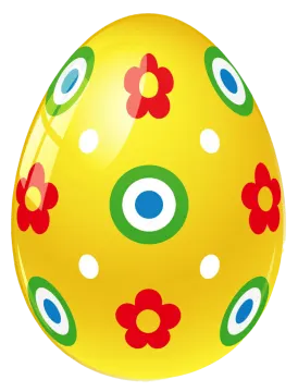 a yellow easter egg with red, green and blue flowers